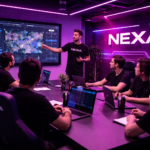 Réunion d'équipe dans une salle futuriste